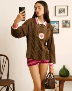 Lace Football Polo Brown