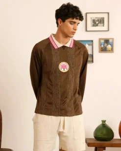Lace Football Polo Brown