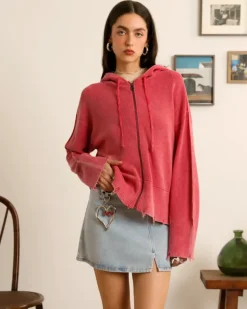 Perfect Cropped Zip-Up Hoodie Raspberry